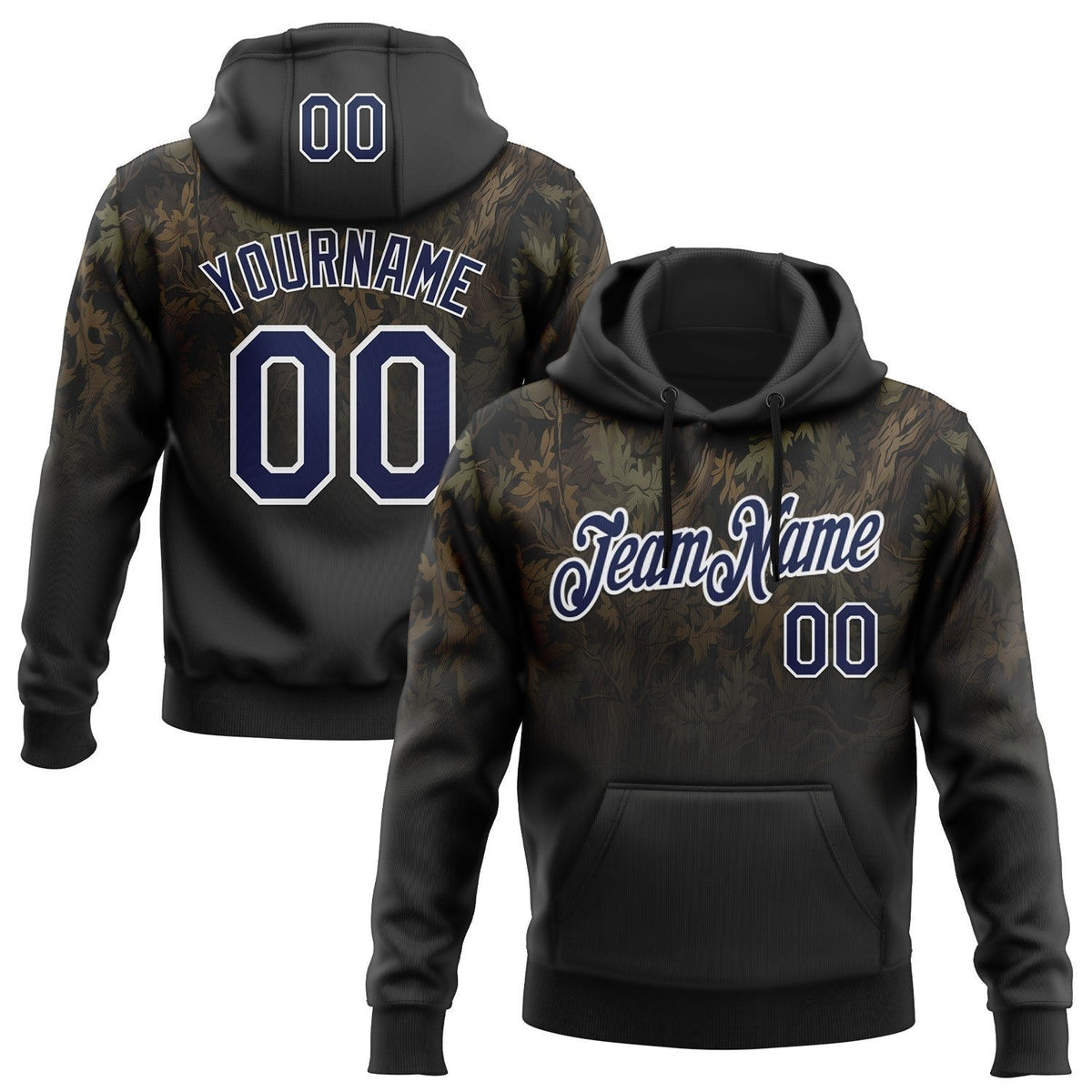 Custom Stitched Black Navy-White 3D Pattern Design Tree Camo Hunting Sports Pullover Sweatshirt Hoodie