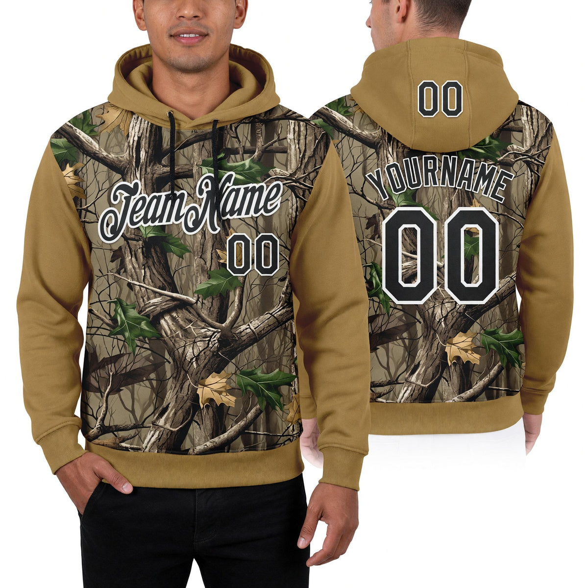 Custom Stitched Old Gold Black-White 3D Pattern Design Tree Camo Hunting Sports Pullover Sweatshirt Hoodie worn front and back