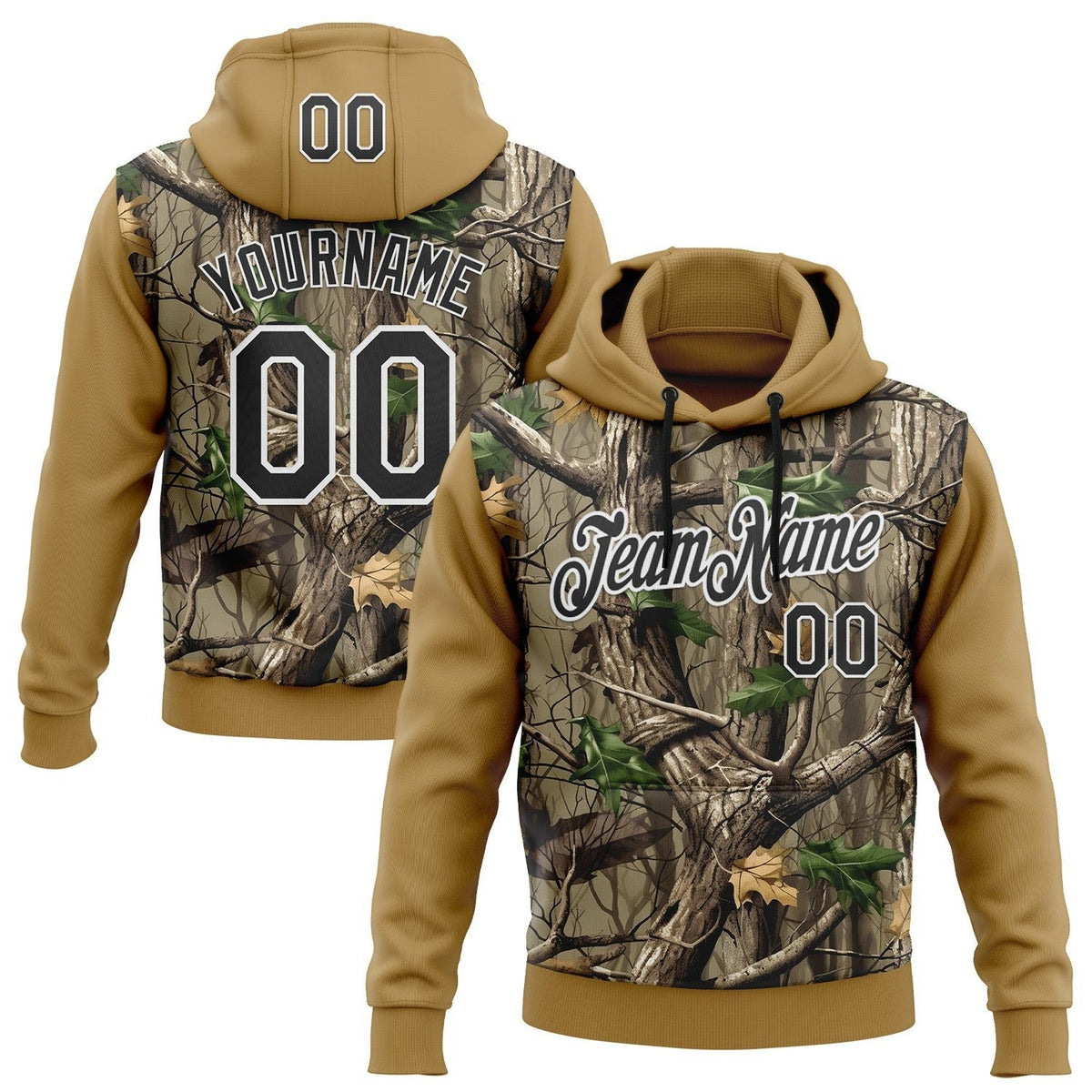 Custom Stitched Old Gold Black-White 3D Pattern Design Tree Camo Hunting Sports Pullover Sweatshirt Hoodie