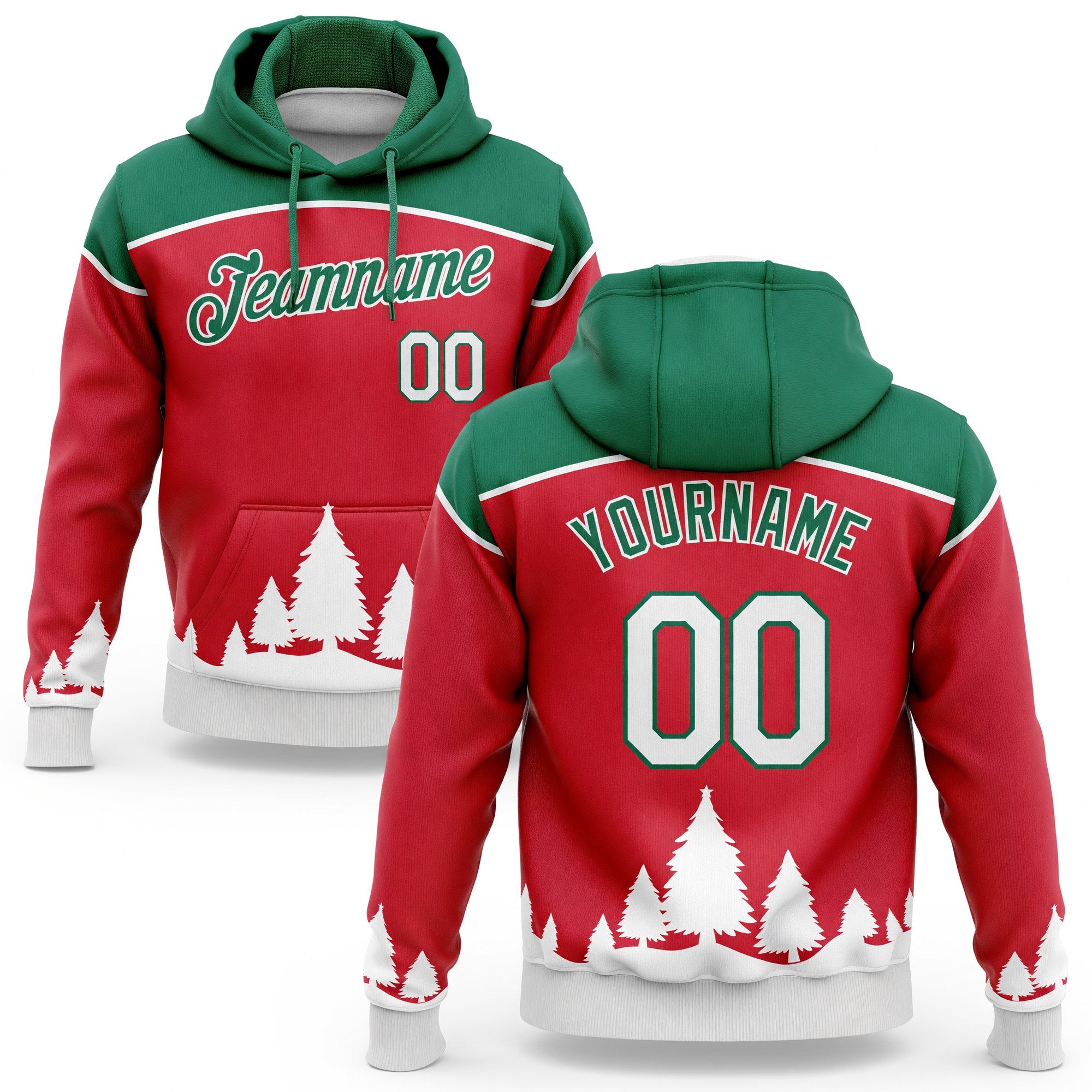 Custom Stitched Red White-Kelly Green 3D Christmas Trees Sports Pullover Sweatshirt Hoodie