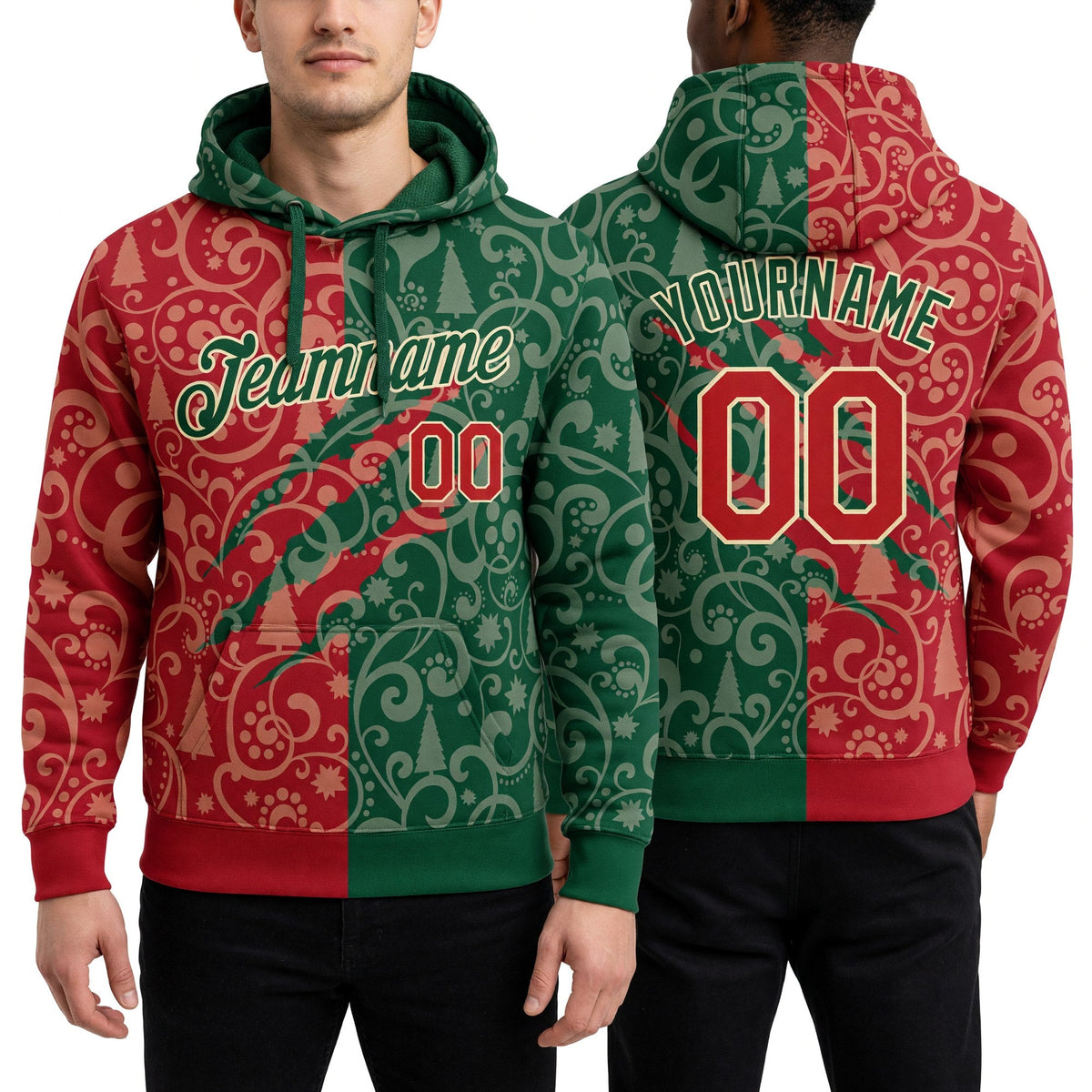 Custom Stitched Green Red-Cream 3D Christmas Sports Pullover Sweatshirt Hoodie worn front and back