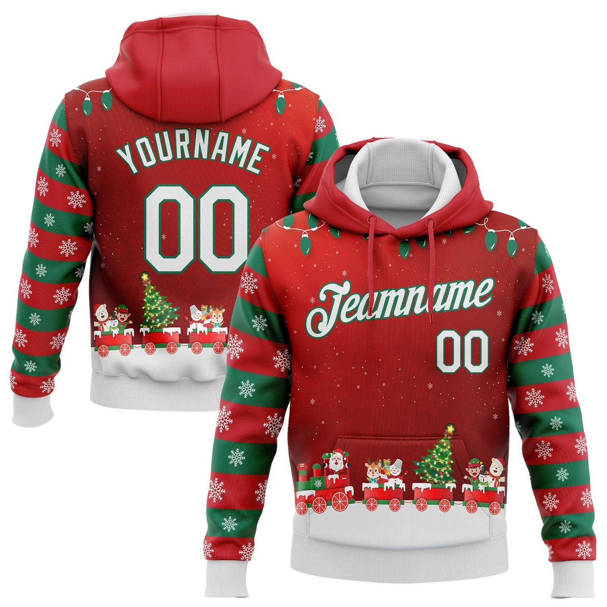 Custom Stitched Red White-Kelly Green 3D Christmas Sports Pullover Sweatshirt Hoodie photo 1