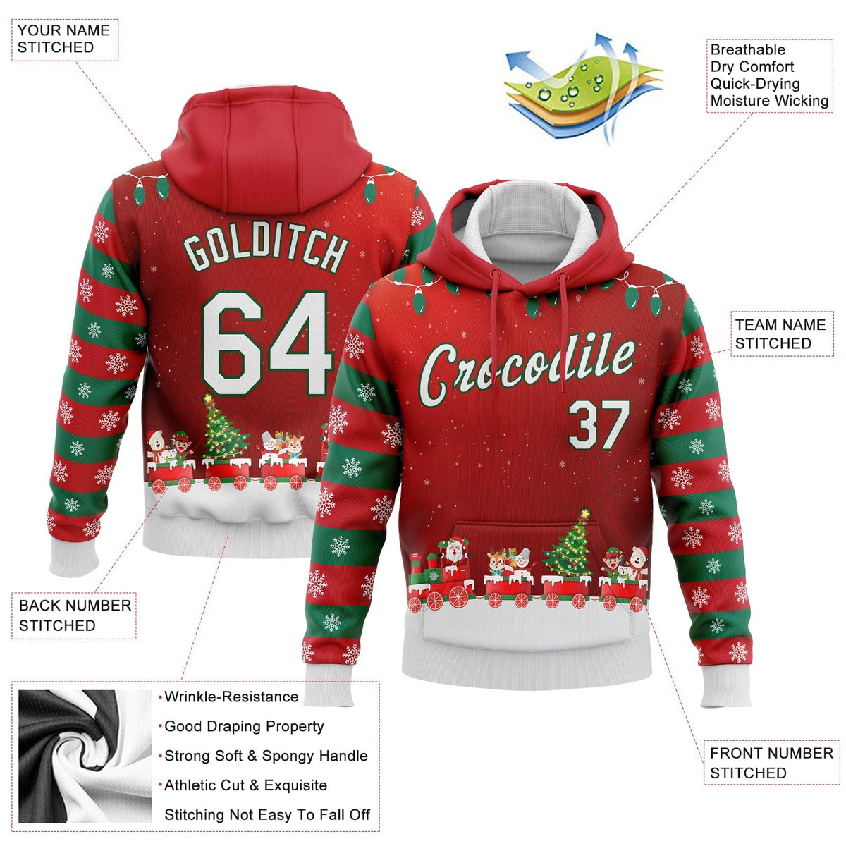Custom Stitched Red White-Kelly Green 3D Christmas Sports Pullover Sweatshirt Hoodie photo 2