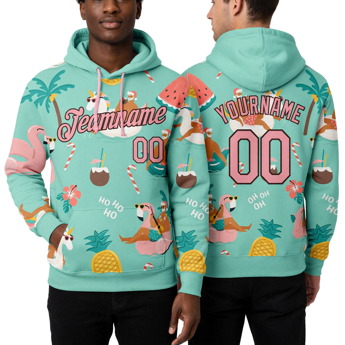 Custom Stitched Aqua Medium Pink-Brown 3D Tropical Christmas Santas With Reindeers And Flamingos Sports Pullover Sweatshirt Hoodie worn front and back