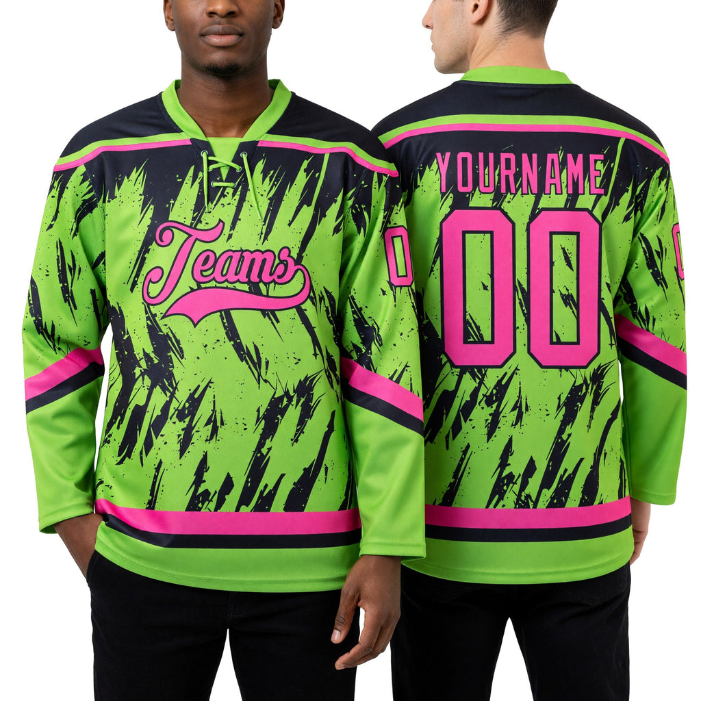 Custom Neon Green Pink-Black 3D Pattern Splash Art Hockey Lace Neck Jersey worn front and back