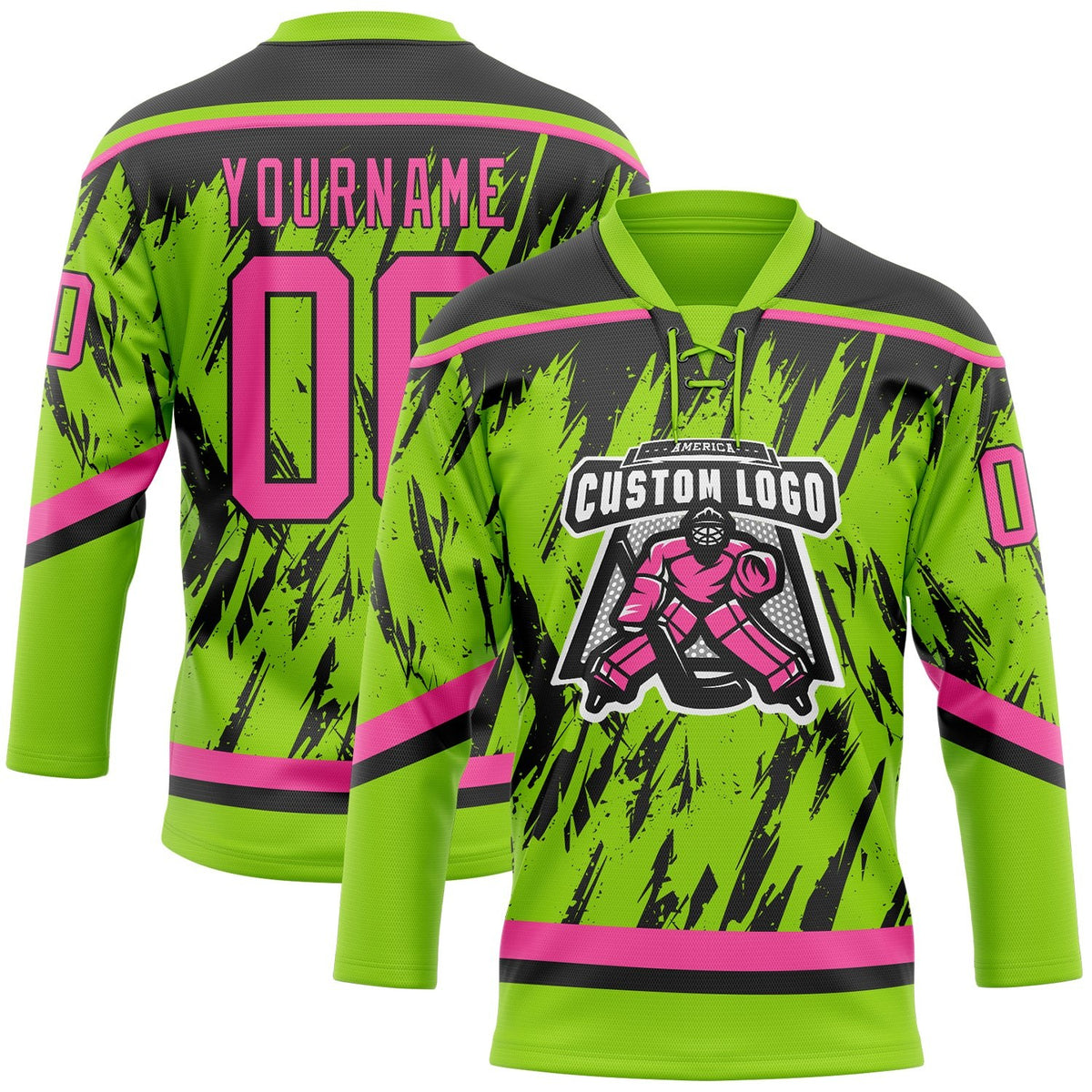 Custom Neon Green Pink-Black 3D Pattern Splash Art Hockey Lace Neck Jersey photo 2