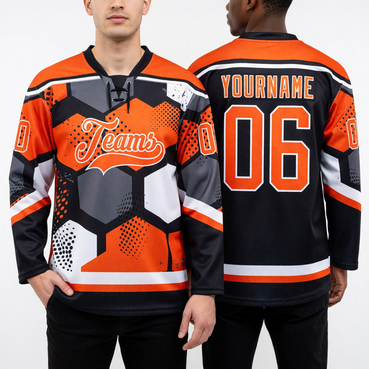 Custom Orange Black-White 3D Pattern Geometric Shape Hockey Lace Neck Jersey worn front and back