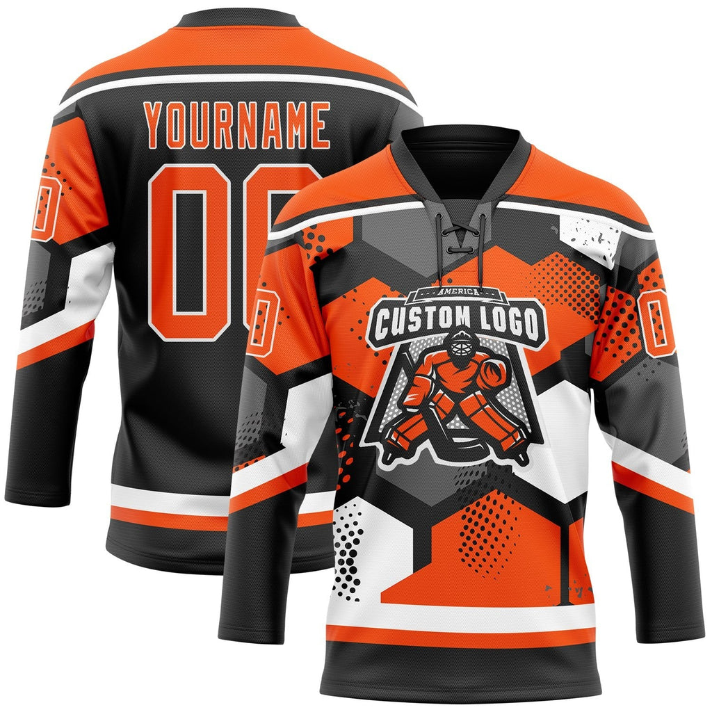 Custom Orange Black-White 3D Pattern Geometric Shape Hockey Lace Neck Jersey photo 2