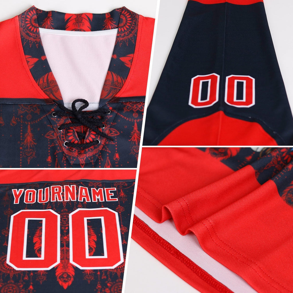 Custom Orange Black-White 3D Pattern Geometric Shape Hockey Lace Neck Jersey photo 3