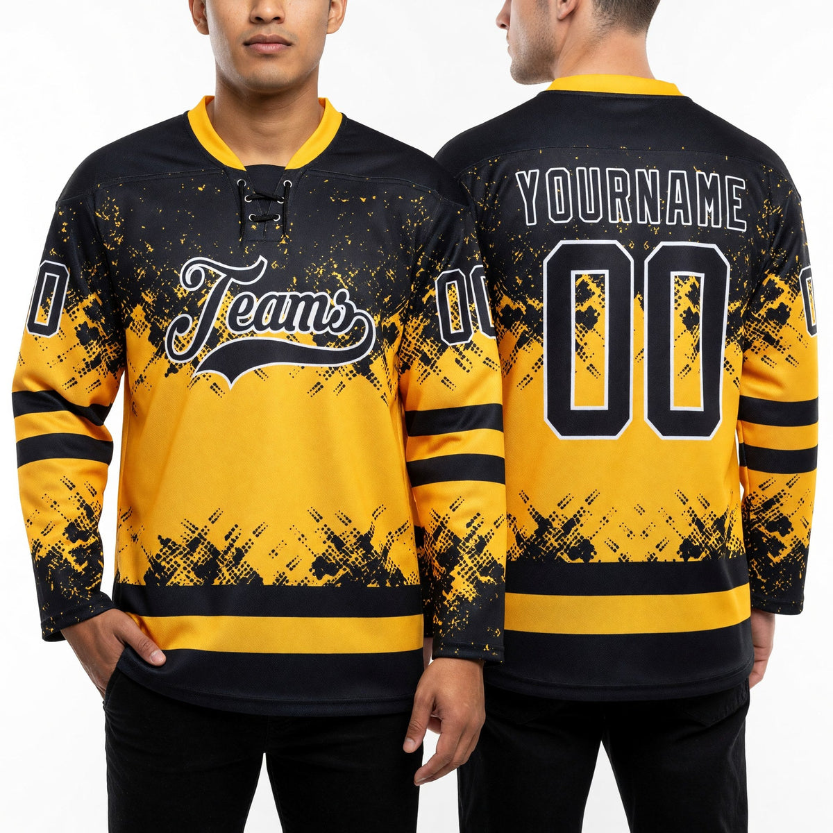 Custom Black Yellow-White Abstract Splatter Paint Hockey Lace Neck Jersey worn front and back