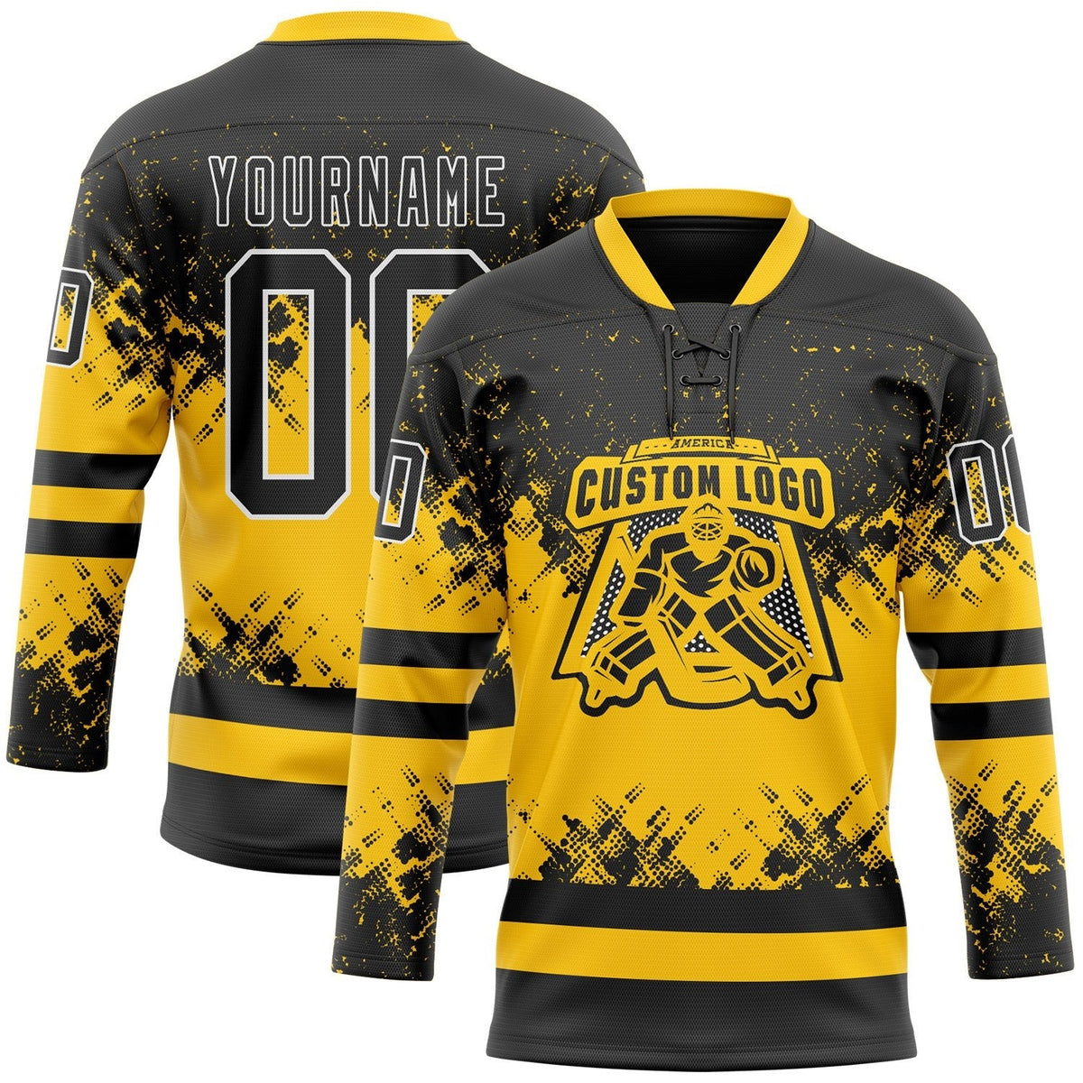 Custom Black Yellow-White Abstract Splatter Paint Hockey Lace Neck Jersey photo 2