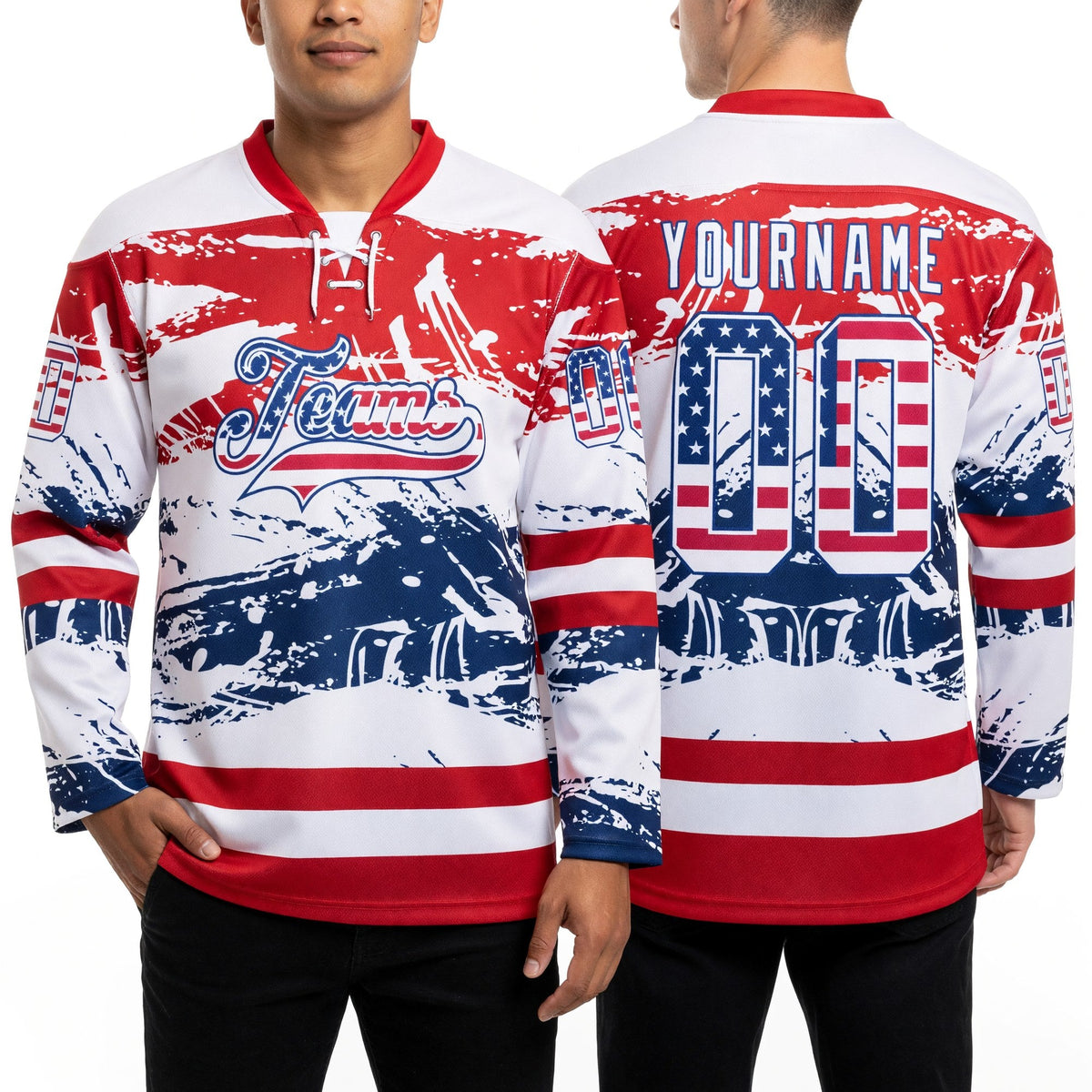 Custom White USA Flag Red-Royal Abstract Splatter Paint Hockey Lace Neck Jersey worn front and back