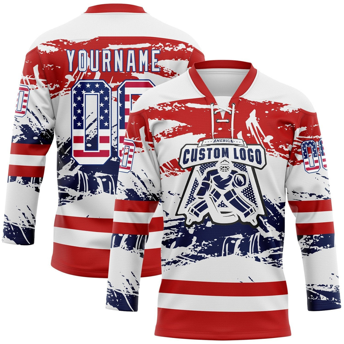 Custom White USA Flag Red-Royal Abstract Splatter Paint Hockey Lace Neck Jersey photo 2