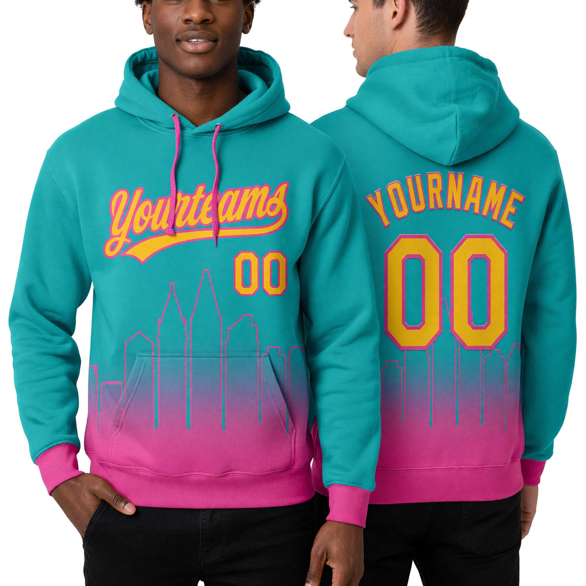 Custom Stitched Aqua Yellow-Pink Gradient Fashion San Diego City Edition Sports Pullover Sweatshirt Hoodie worn front and back