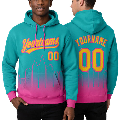 Custom Stitched Aqua Yellow-Pink Gradient Fashion San Diego City Edition Sports Pullover Sweatshirt Hoodie worn front and back