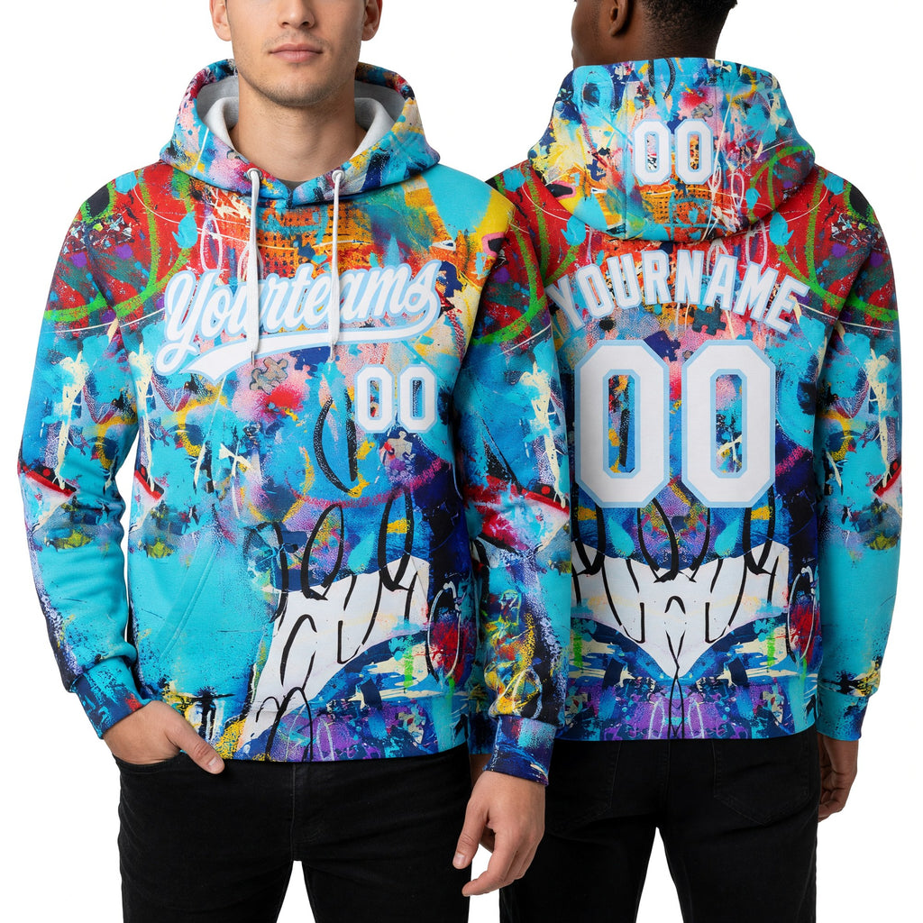 Custom Stitched Graffiti Pattern White-Light Blue Abstract Splash Sports Pullover Sweatshirt Hoodie worn front and back