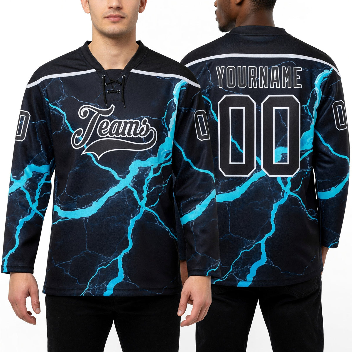 Custom Black Blue-White Lightning Hockey Lace Neck Jersey worn front and back