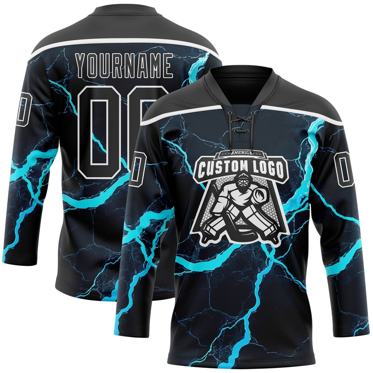 Custom Black Blue-White Lightning Hockey Lace Neck Jersey photo 2