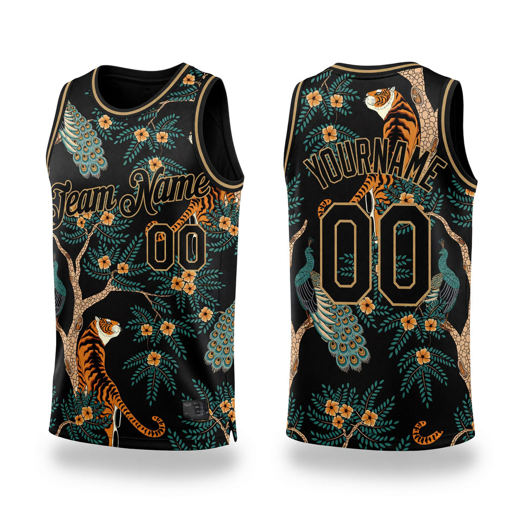 Custom Black Black-Old Gold 3D Pattern Design Tiger And Peacock Authentic Basketball Jersey