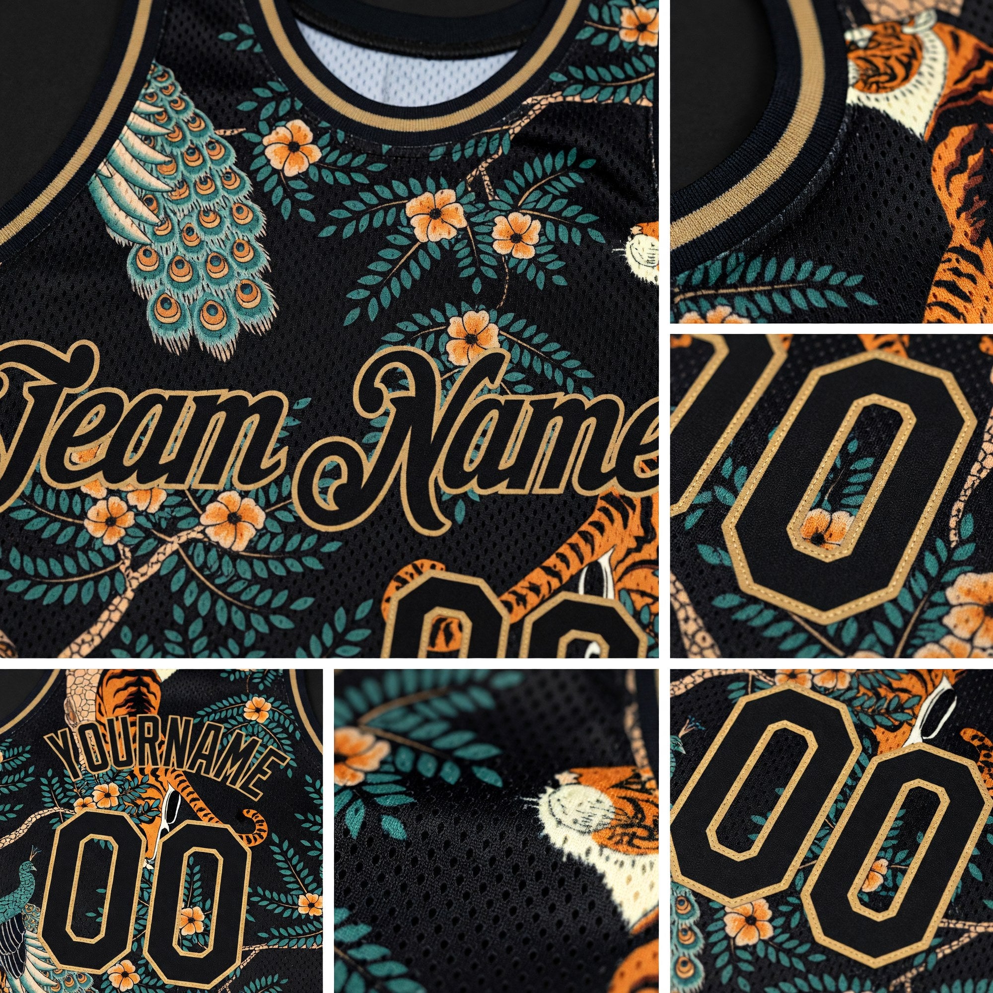 Custom Black Black-Old Gold 3D Pattern Design Tiger And Peacock Authentic Basketball Jersey detail