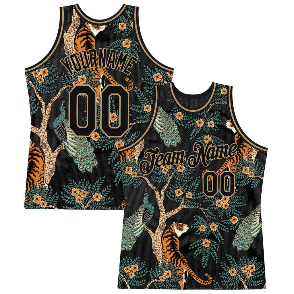 Custom Black Black-Old Gold 3D Pattern Design Tiger And Peacock Authentic Basketball Jersey photo 1