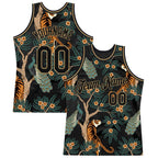 Custom Black Black-Old Gold 3D Pattern Design Tiger And Peacock Authentic Basketball Jersey photo 1