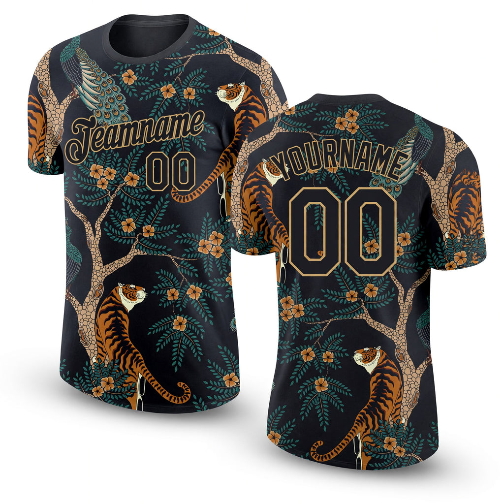 Custom Black Black-Old Gold 3D Pattern Design Tiger And Peacock Performance T-Shirt