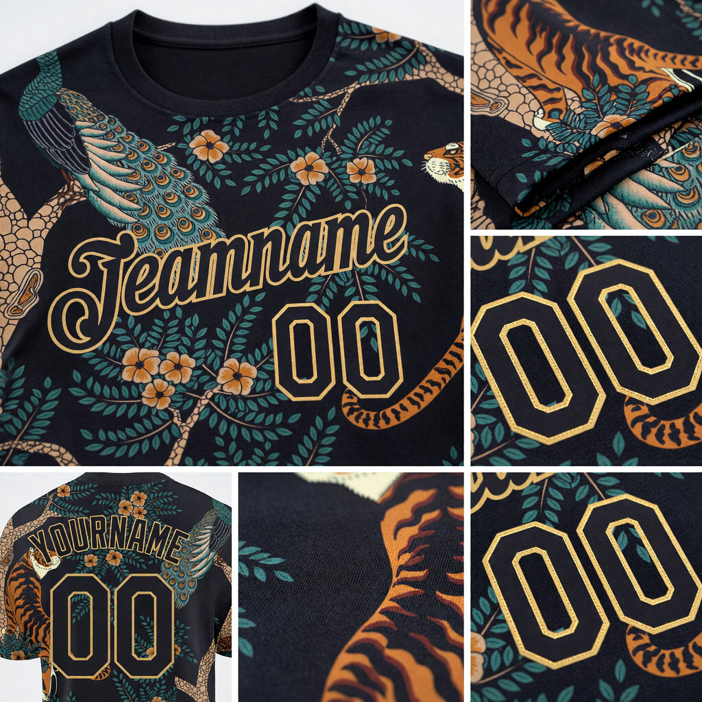 Custom Black Black-Old Gold 3D Pattern Design Tiger And Peacock Performance T-Shirt detail