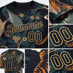 Custom Black Black-Old Gold 3D Pattern Design Tiger And Peacock Performance T-Shirt detail