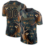 Custom Black Black-Old Gold 3D Pattern Design Tiger And Peacock Performance T-Shirt photo 1