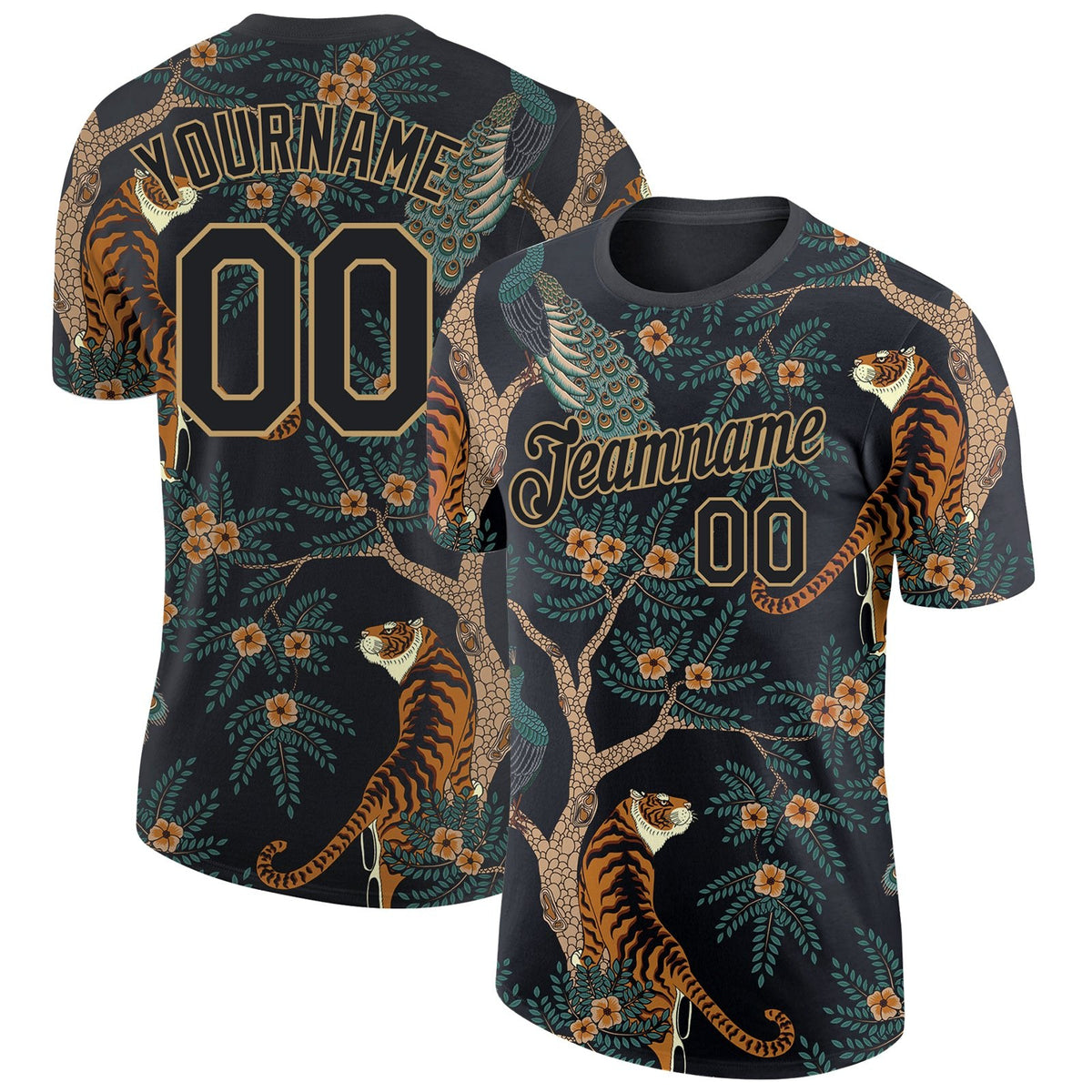 Custom Black Black-Old Gold 3D Pattern Design Tiger And Peacock Performance T-Shirt photo 1