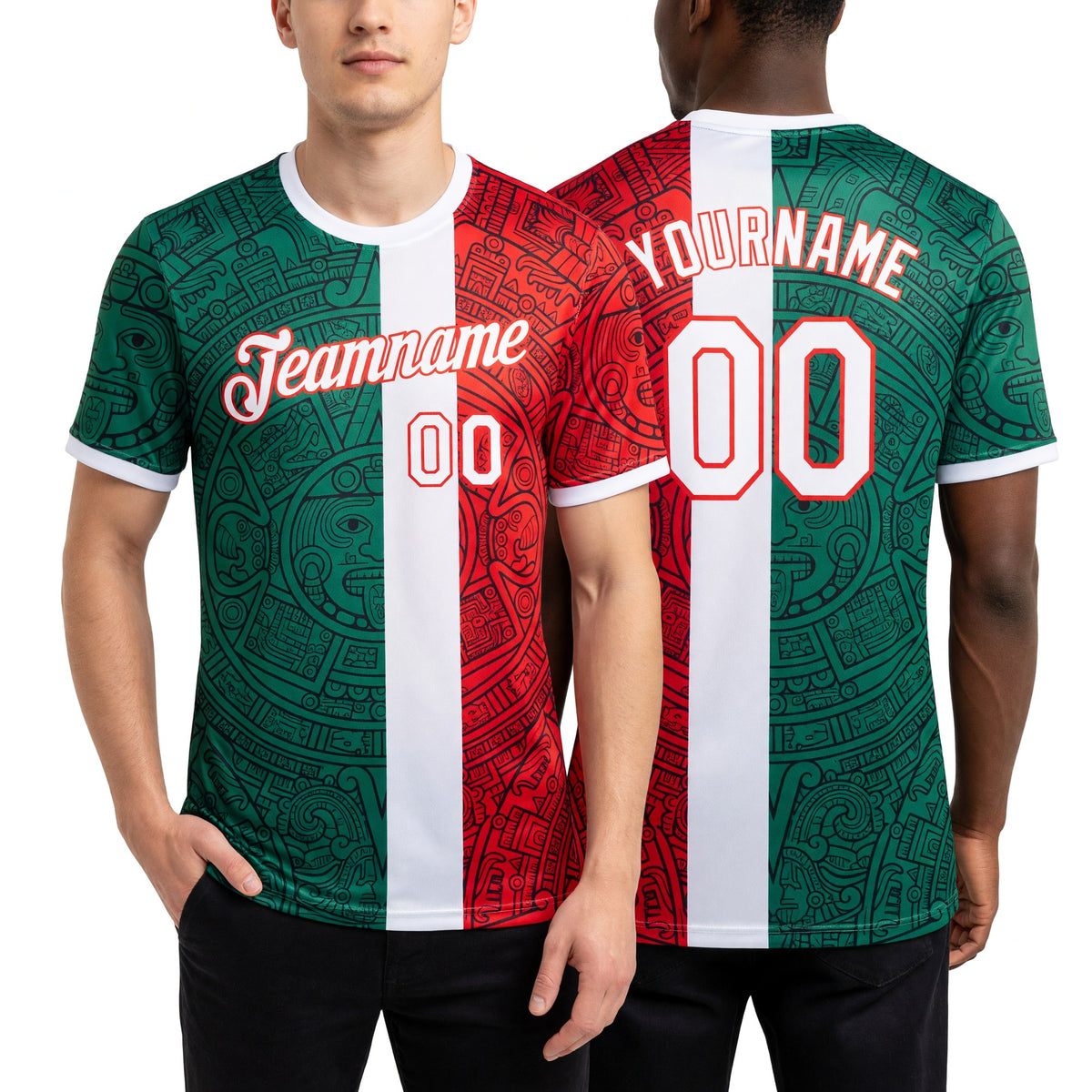 Custom Kelly Green White-Fire Red Mexico Tribal Soccer Jersey Performance T-Shirt worn front and back