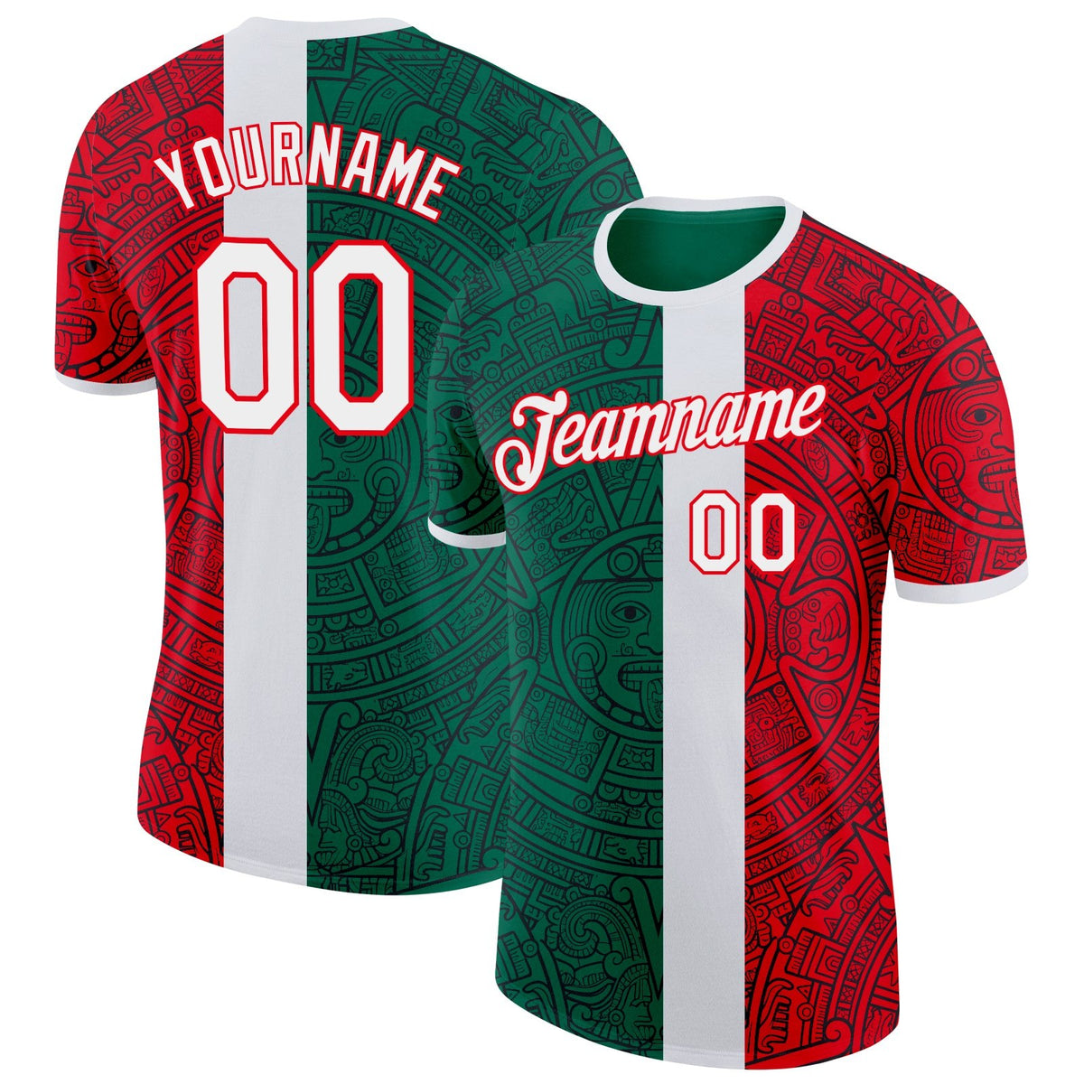 Custom Kelly Green White-Fire Red Mexico Tribal Soccer Jersey Performance T-Shirt