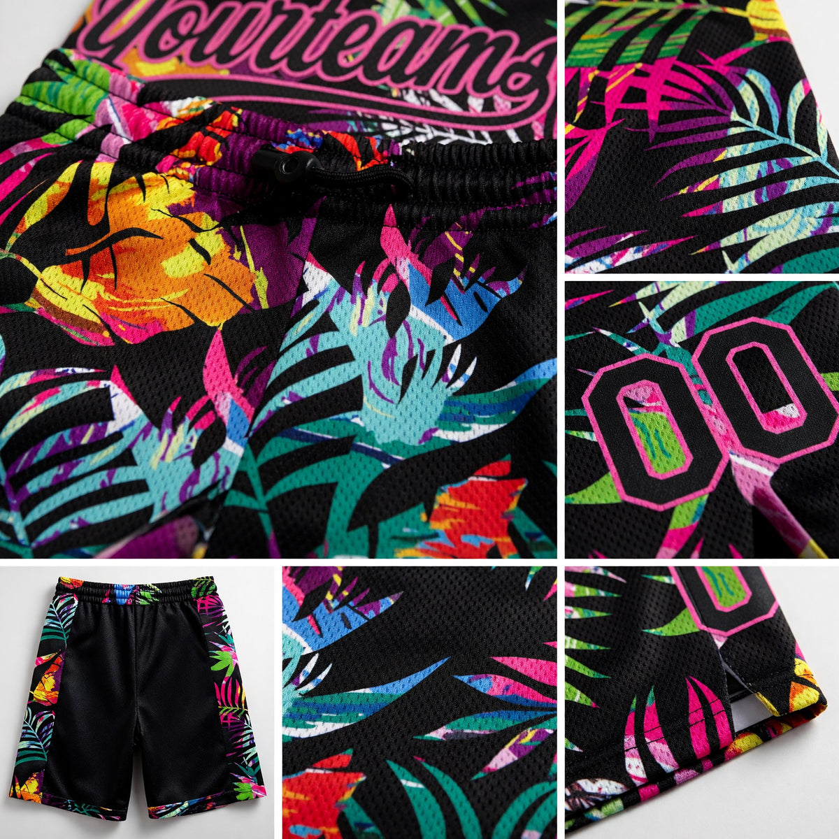 Custom Black Pink 3D Pattern Tropical Palm Leaves Authentic Basketball Shorts detail