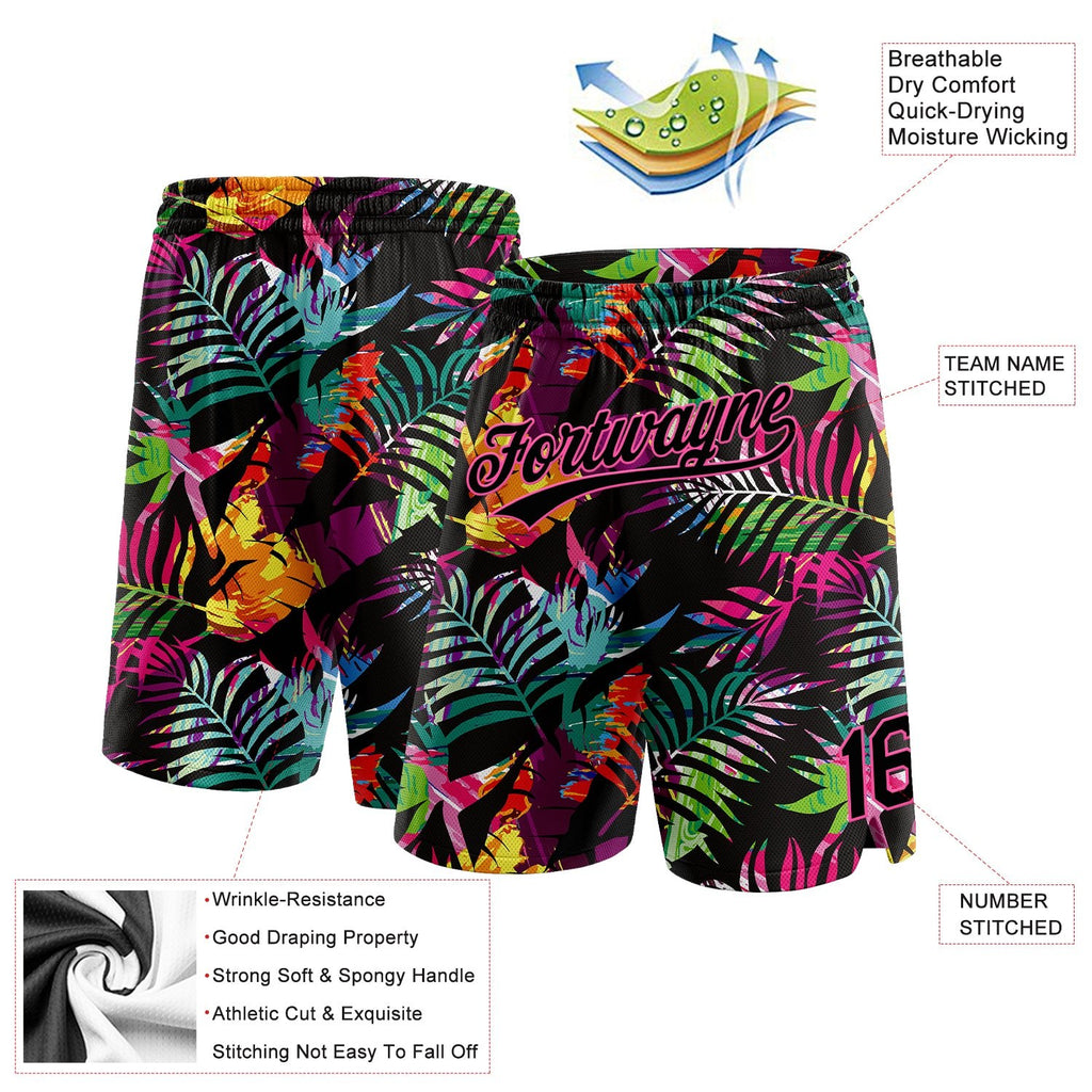 Custom Black Pink 3D Pattern Tropical Palm Leaves Authentic Basketball Shorts photo 2