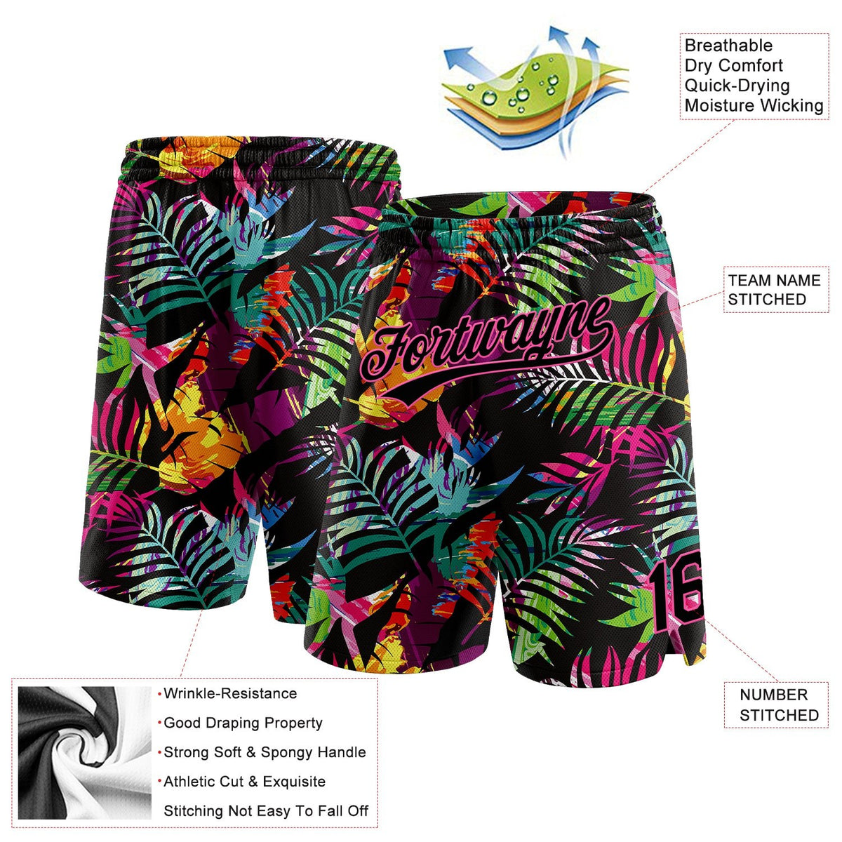 Custom Black Pink 3D Pattern Tropical Palm Leaves Authentic Basketball Shorts photo 2