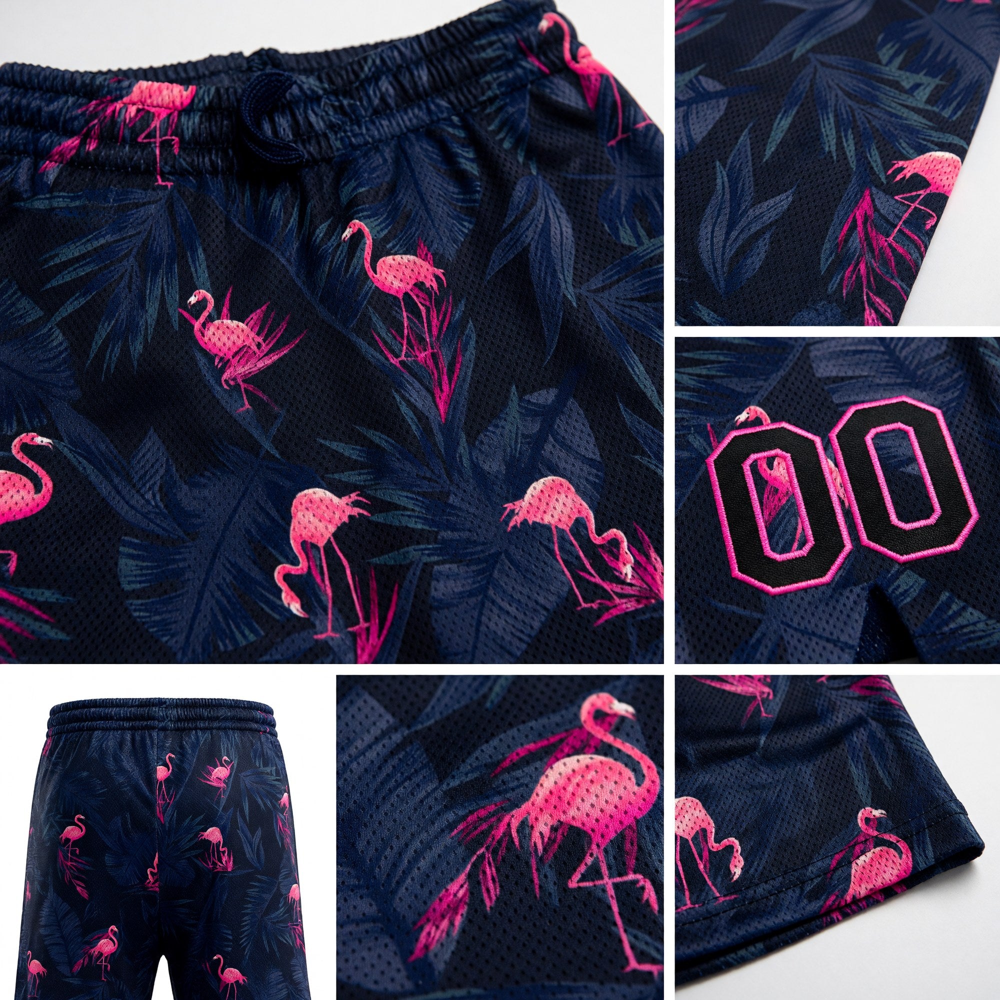 Custom Black Pink 3D Pattern Flamingo Authentic Basketball Shorts detail