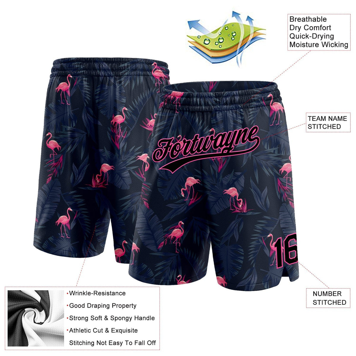 Custom Black Pink 3D Pattern Flamingo Authentic Basketball Shorts photo 2