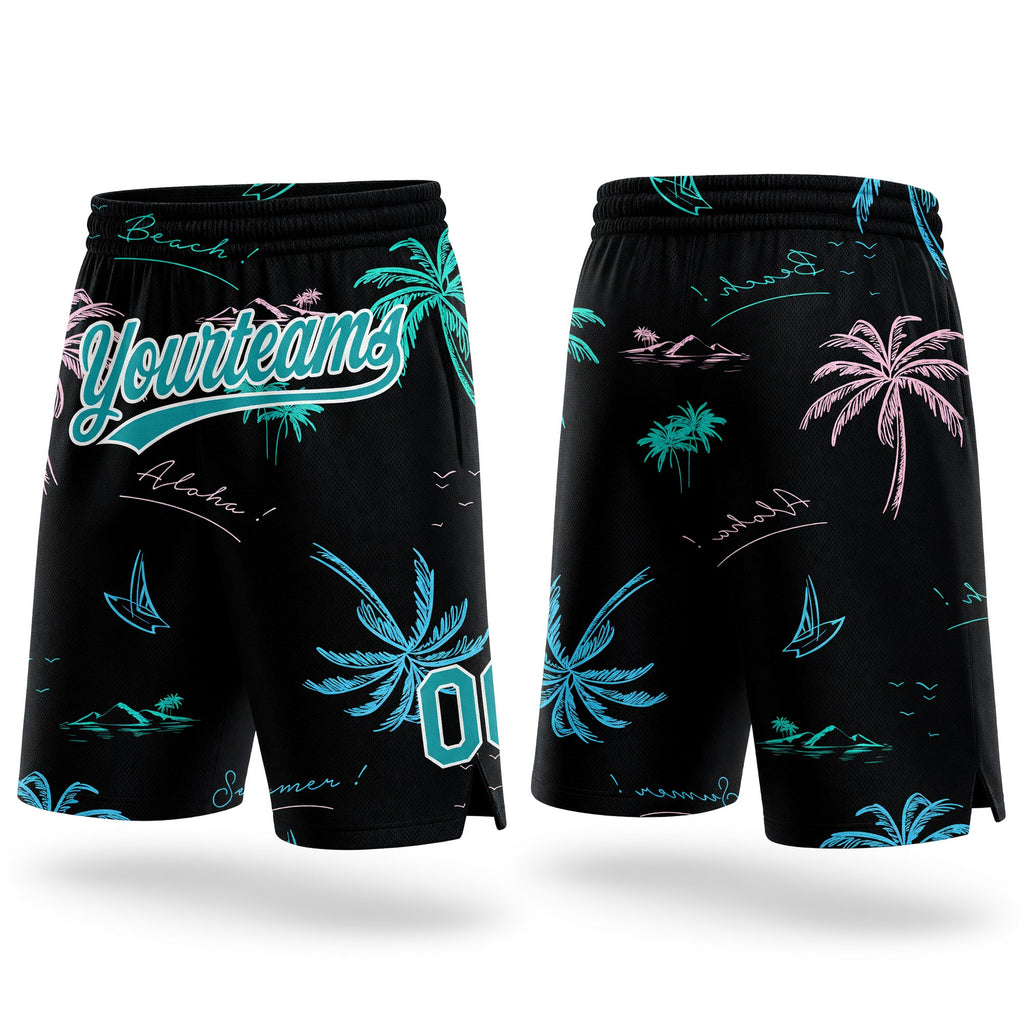 Custom Black Teal-White 3D Pattern Hawaii Palm Trees Authentic Basketball Shorts