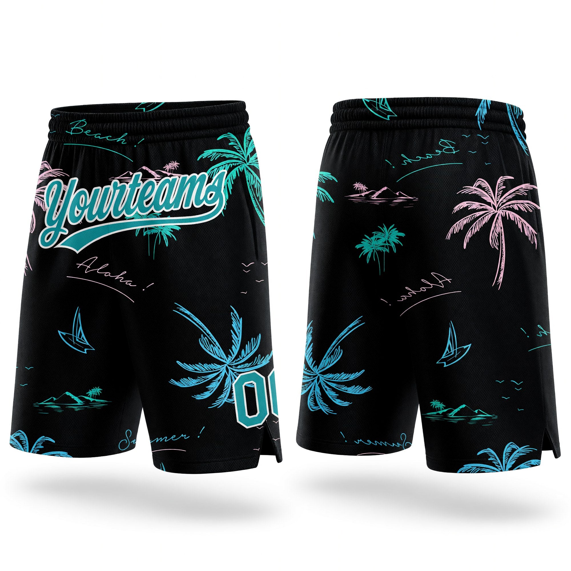 Custom Black Teal-White 3D Pattern Hawaii Palm Trees Authentic Basketball Shorts