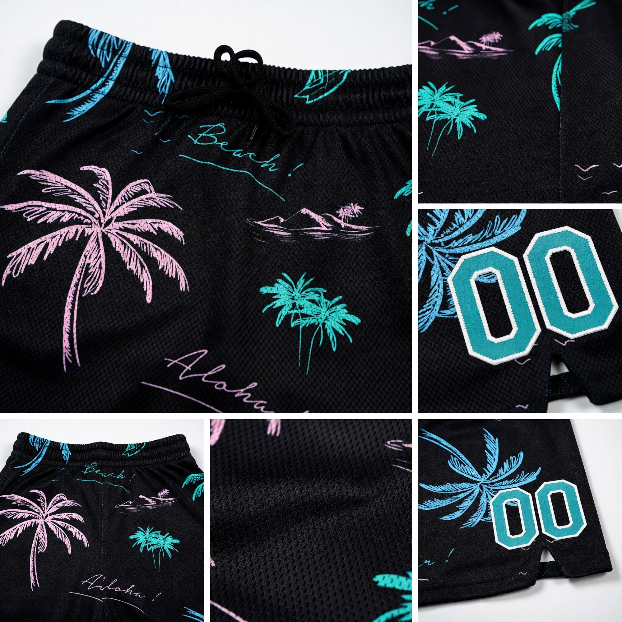 Custom Black Teal-White 3D Pattern Hawaii Palm Trees Authentic Basketball Shorts detail