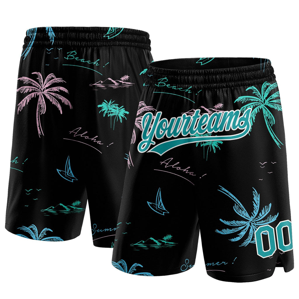 Custom Black Teal-White 3D Pattern Hawaii Palm Trees Authentic Basketball Shorts photo 1
