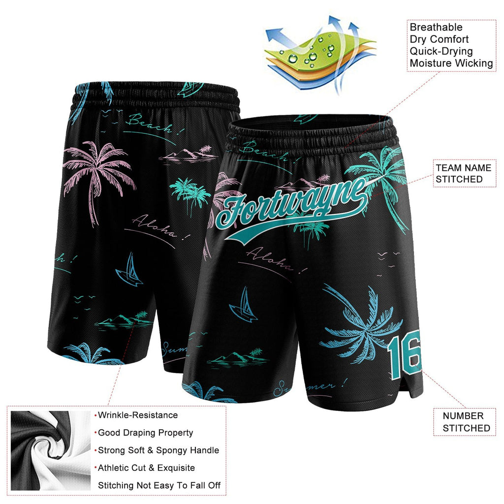 Custom Black Teal-White 3D Pattern Hawaii Palm Trees Authentic Basketball Shorts photo 2