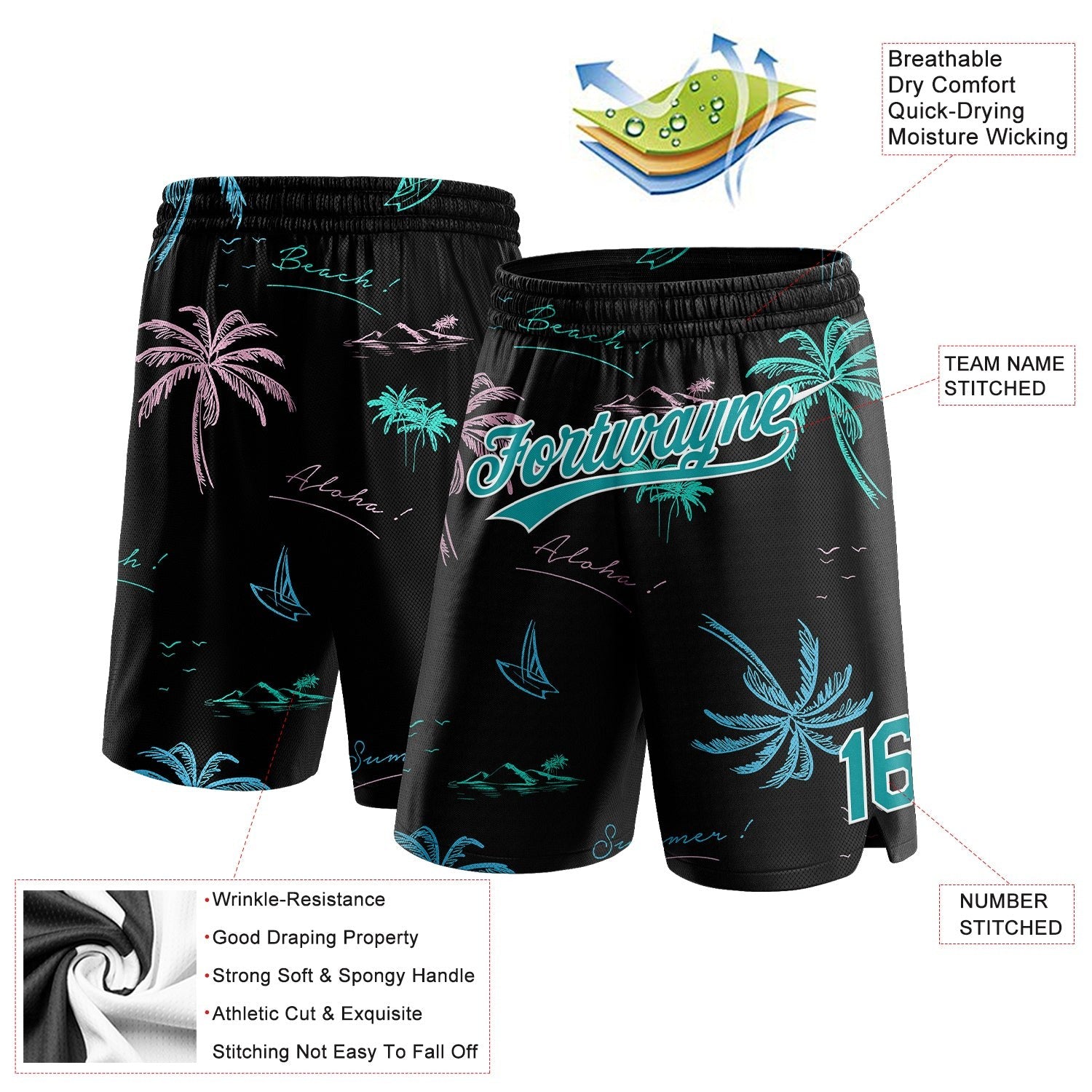 Custom Black Teal-White 3D Pattern Hawaii Palm Trees Authentic Basketball Shorts photo 2