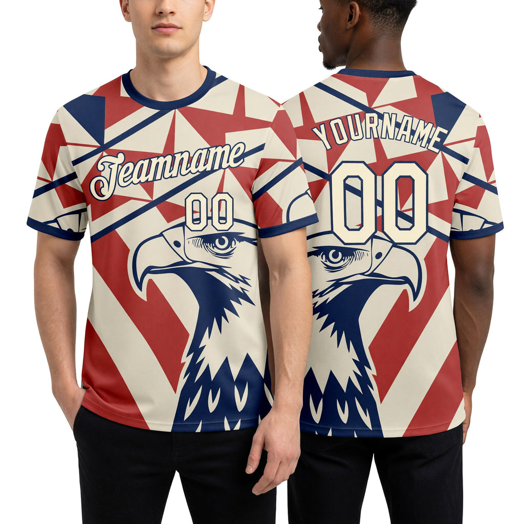 Custom Cream Red-Blue USA Flag Eagle And Star Soccer Jersey Performance T-Shirt worn front and back