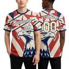 Custom Cream Red-Blue USA Flag Eagle And Star Soccer Jersey Performance T-Shirt worn front and back