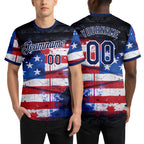 Custom Red Navy Blue Black-White USA Flag Splash Soccer Jersey Performance T-Shirt worn front and back