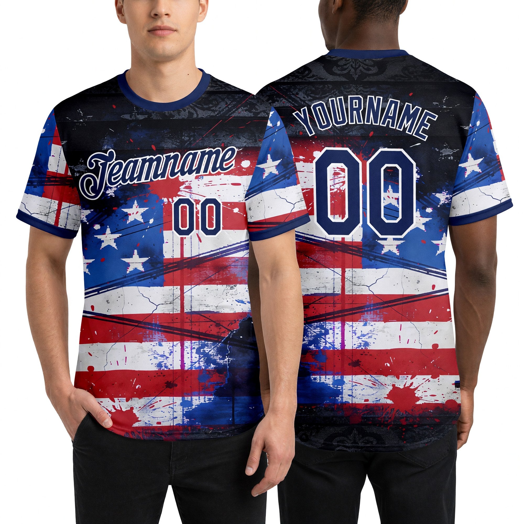 Custom Red Navy Blue Black-White USA Flag Splash Soccer Jersey Performance T-Shirt worn front and back