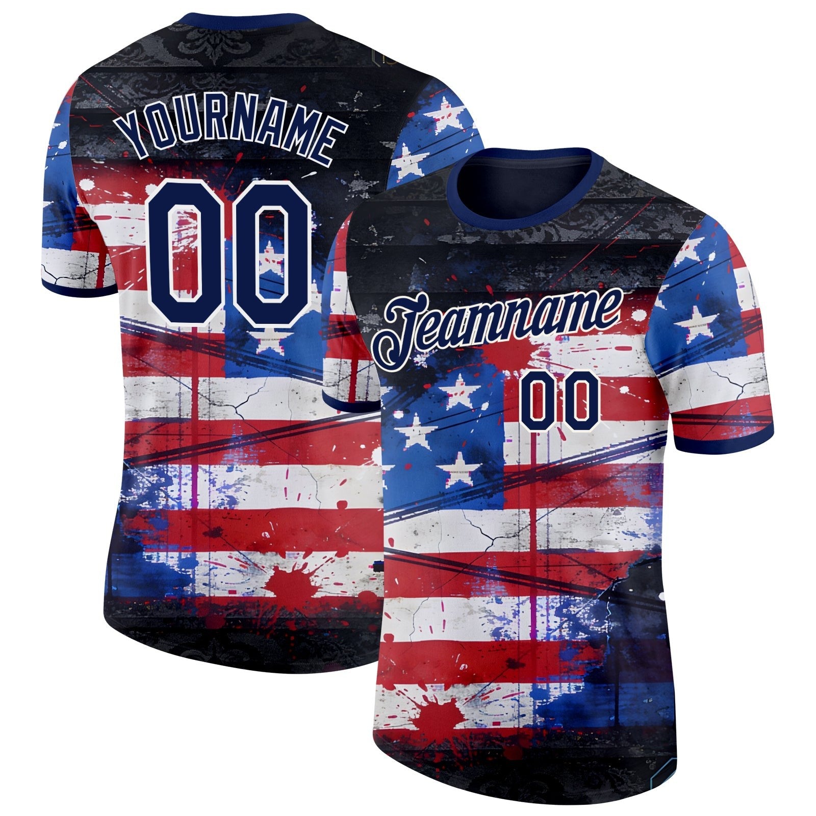 Custom Red Navy Blue Black-White USA Flag Splash Soccer Jersey Performance T-Shirt