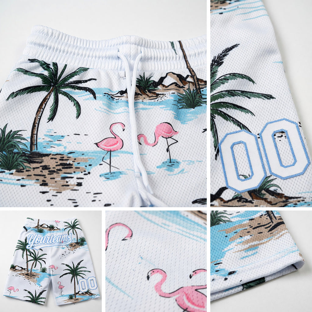 Custom White Light Blue 3D Pattern Hawaii Palm Trees Authentic Basketball Shorts detail